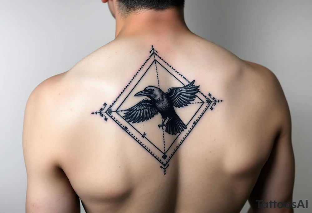 Diamond Geometric design with dotted lines and other designs with big crow extended in the center with dark shading for forearm tattoo idea