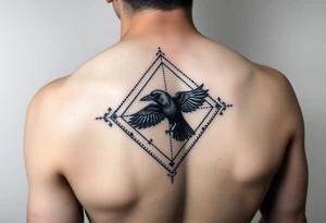 Diamond Geometric design with dotted lines and other designs with big crow extended in the center with dark shading for forearm tattoo idea
