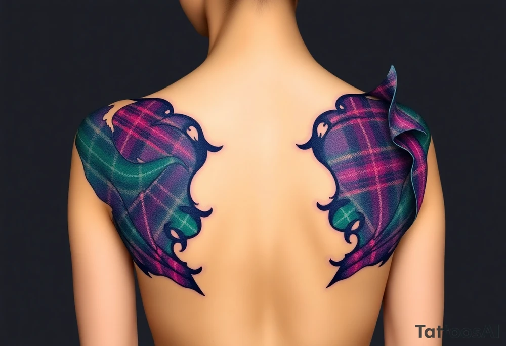 Breasts

Dark Purple with green pink blue and white highlights tartan fabric with skin around edges peeling and wrapping around side of shoulder tattoo idea