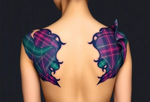 Breasts

Dark Purple with green pink blue and white highlights tartan fabric with skin around edges peeling and wrapping around side of shoulder tattoo idea