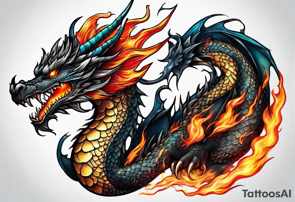 dragon and fire in long horizontal tattoo idea