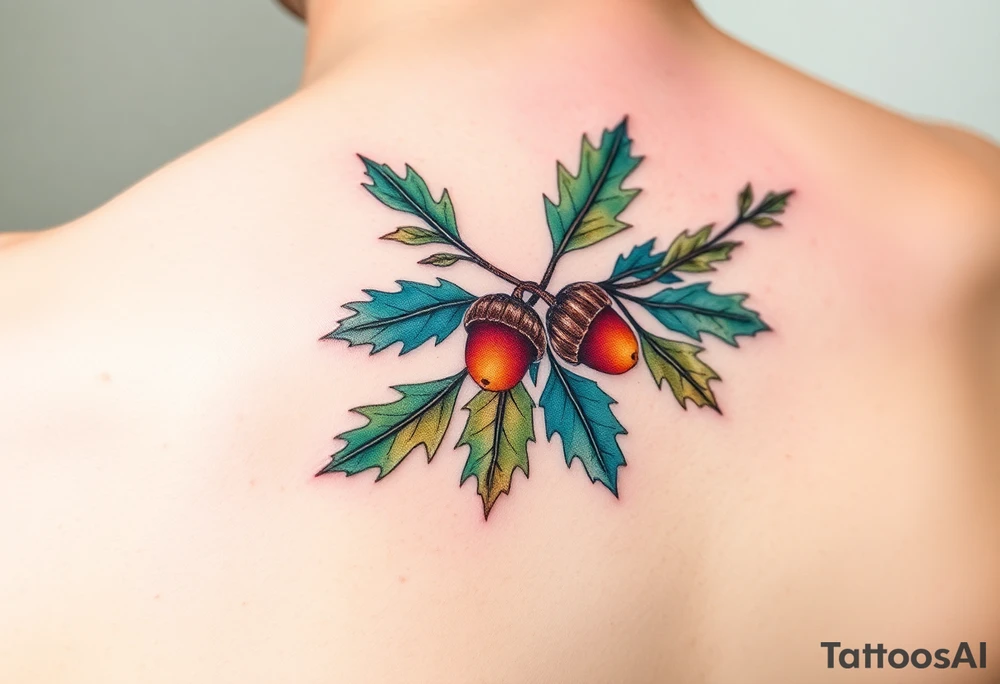 on the hand an oak branch with thick leaves and acorns an oak branch with thick leaves and acorns oak branch with thick leaves and acorns tattoo idea