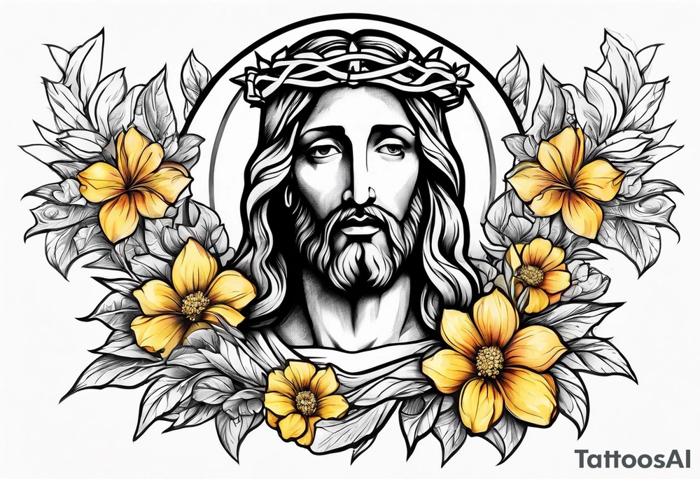 Jesus head with flowers and cross with light shining on him tattoo idea