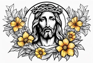 Jesus head with flowers and cross with light shining on him tattoo idea