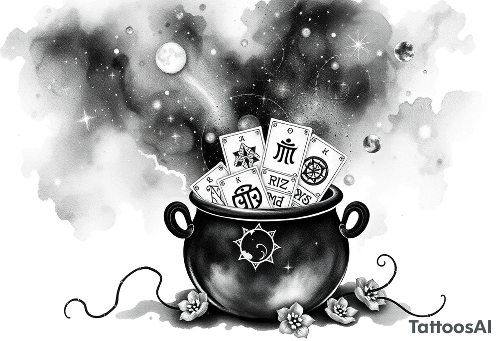 Milky way galaxy filled with zodiac symbols runes tarot cards coming out of a cauldron tattoo idea