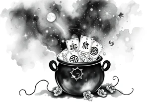 Milky way galaxy filled with zodiac symbols runes tarot cards coming out of a cauldron tattoo idea