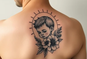 Baby boy flower ornemental with sunshine background tattoo idea