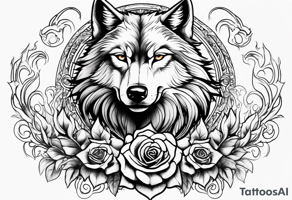 Rose flames changing into a wolf tattoo idea