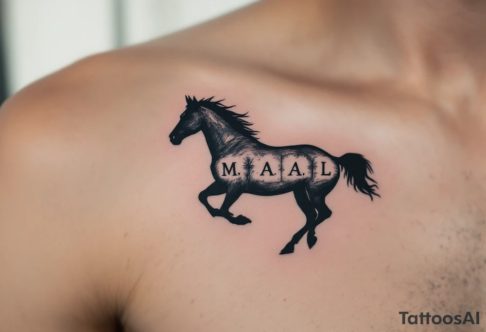 horse silhouette 
from the front which gallops from the front, with the 3 small letters discreetly integrated: M, A, L tattoo idea