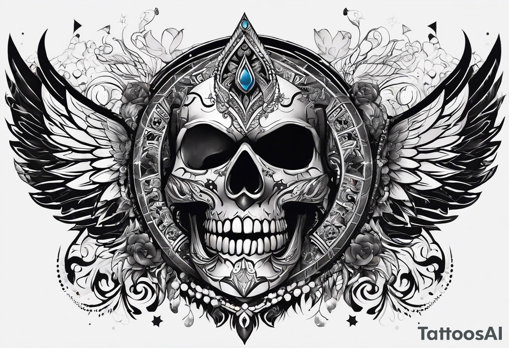black kali, goddess pirate, alien, pachamama, valkrye, warrior, skull, lotus azul, wing, eagle, zenza resonance, stars, one side chest tattoo idea