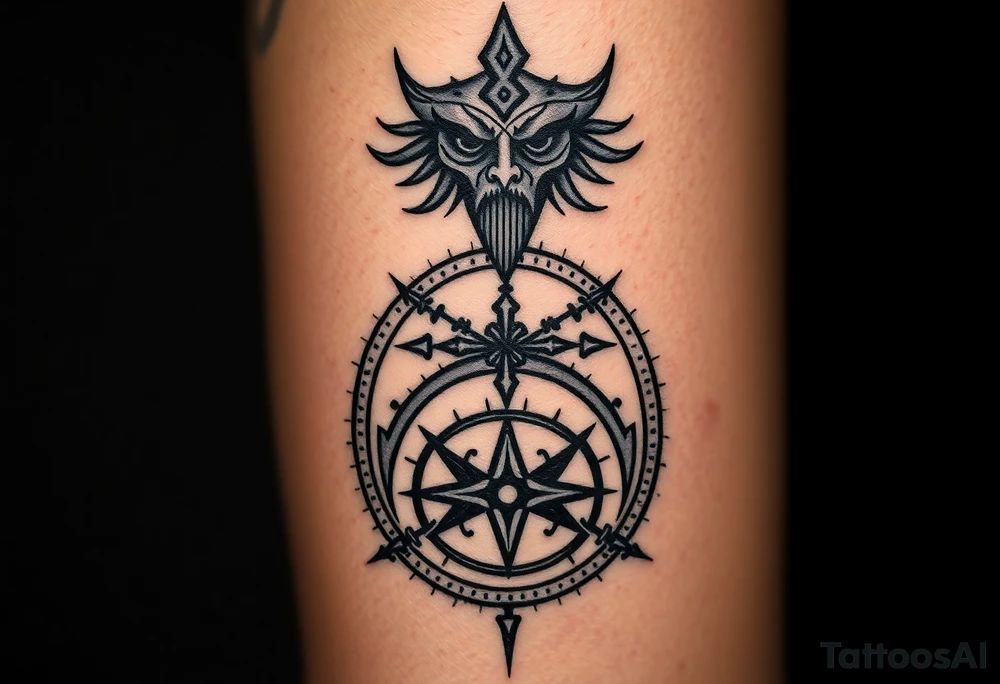 This tattoo is an ancient mark of power, as if carved not with ink, but with blood and time. Its vertical composition resembles a ritual totem that connects the three levels of existence: spirit, body, and path.

At the center lies a sacred runic symbol — a seal of inner strength and protection. It serves as a key to hidden knowledge and a talisman for one who walks their own path without looking back.
The broken lines and scarred ink appear as if the symbol was drawn in a trance, during an ancient ritual.

The upper part resembles the face of a forgotten god or a guardian spirit watching from above. The lower part is a runic compass of fate, guiding through chaos, darkness, and trials.
Every stroke is a spell. Every symbol is an oath.

This tattoo is not for everyone.
It is for those who embrace the shadow, are unafraid of the darkness, and know that true power is born within. tattoo idea
