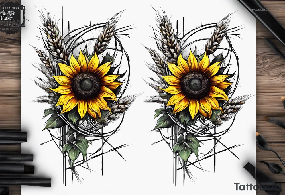 Sunflower, wheat, and barbed wire half sleeve tattoo idea