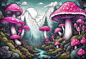 pink and white mushroom forest, smoke coming from caterpillars mouth tattoo idea