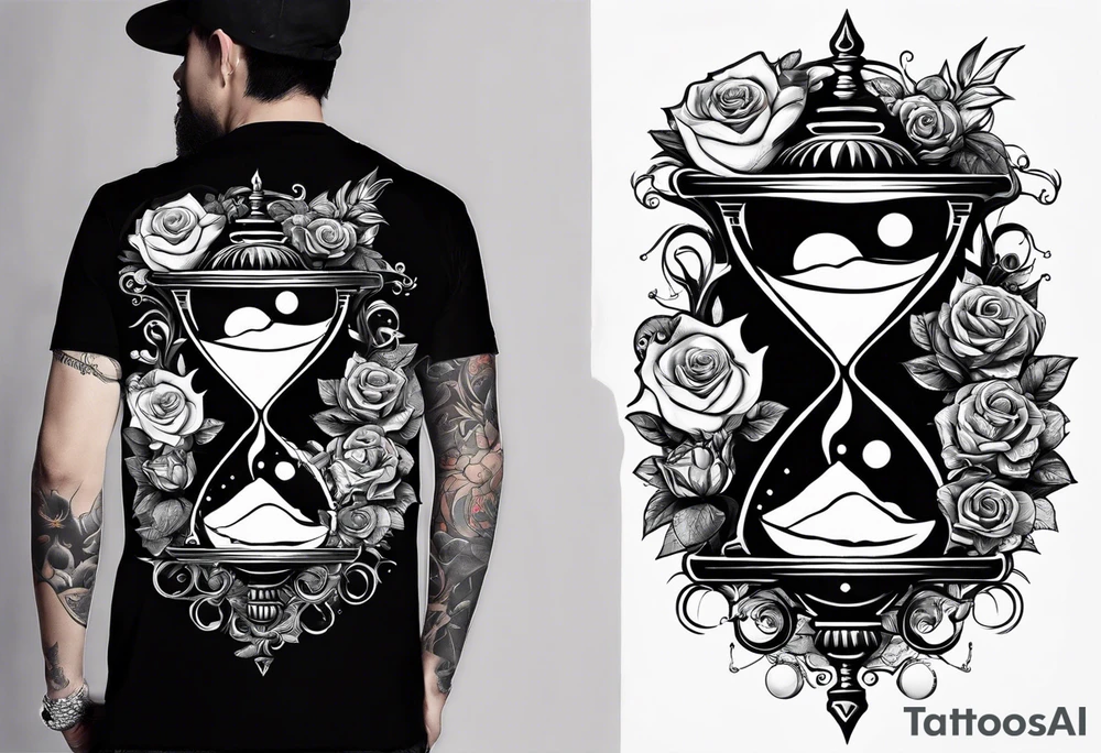 I want a design for printing on t-shirts, the design is an hourglass with a hand clock in the middle with Amazigh numbers, and these two main elements are mixed with thorny roses and planets tattoo idea