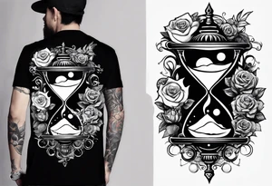 I want a design for printing on t-shirts, the design is an hourglass with a hand clock in the middle with Amazigh numbers, and these two main elements are mixed with thorny roses and planets tattoo idea