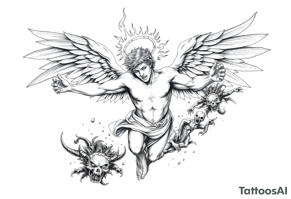 A fallen angel falling from heaven to hell , his wings catch fire and partially burn his halo breaks, Demons and dead souls reach out for him, he has a demon women by his side as he falls tattoo idea