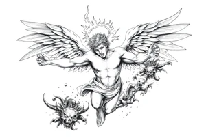 A fallen angel falling from heaven to hell , his wings catch fire and partially burn his halo breaks, Demons and dead souls reach out for him, he has a demon women by his side as he falls tattoo idea