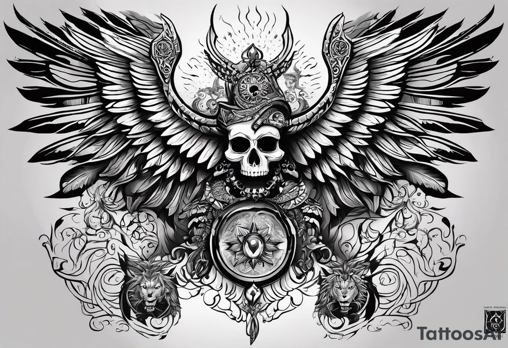 black kali, goddess pirate, alien, angel, pachamama, valkrye, warrior, flying, skull, lotus azul, wing, eagle, zenza resonance, stars, 5D, anahata chakra, death, durga, riding on a tiger, flying lady tattoo idea