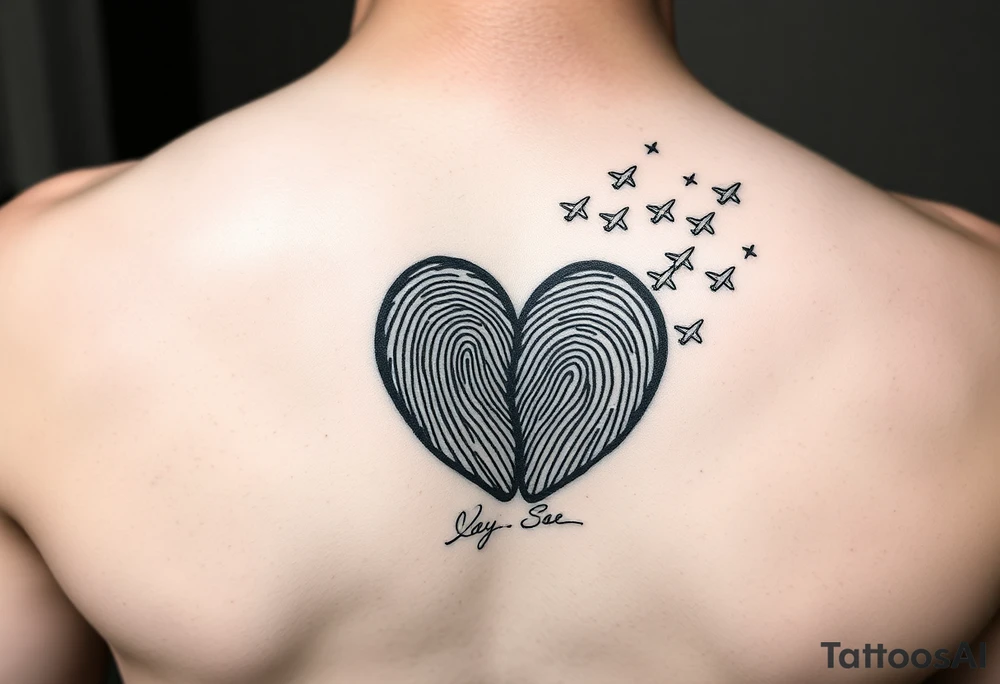 Two fingerprints merged into a heart shape, with the top right edge breaking away into small planes flying into the sky.

Place a signature Beneath the heart in the loved one’s handwriting. tattoo idea
