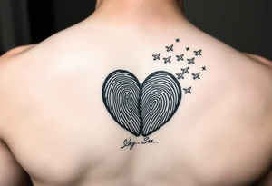 Two fingerprints merged into a heart shape, with the top right edge breaking away into small planes flying into the sky.

Place a signature Beneath the heart in the loved one’s handwriting. tattoo idea
