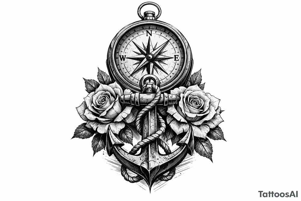 a compass under it an anchor, roses. tattoo idea
