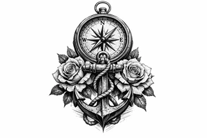 a compass under it an anchor, roses. tattoo idea