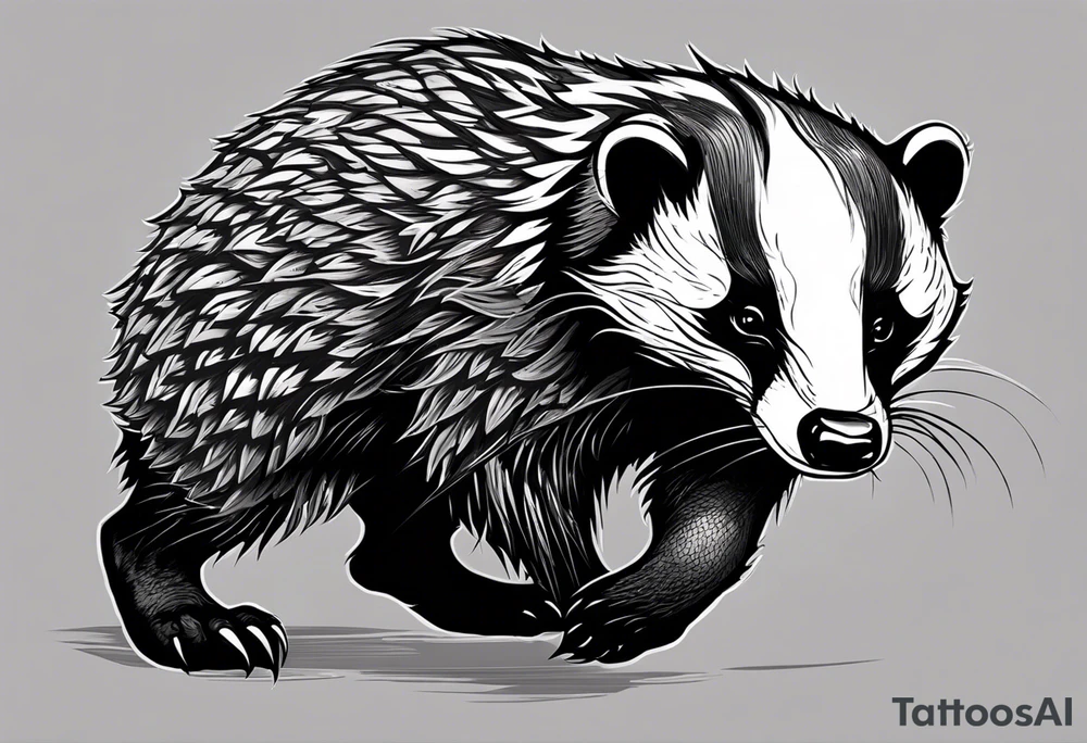 Draw me badger with aggressive full body, killer face with a smile, very long nails and he attacks like a Turkish gladiator to enemy and also he has very deadly looking. The only weapon is his braveness he fights with his nails. Everybody scares after their first sight. And some bloody type Badger this is real Hunter. tattoo idea