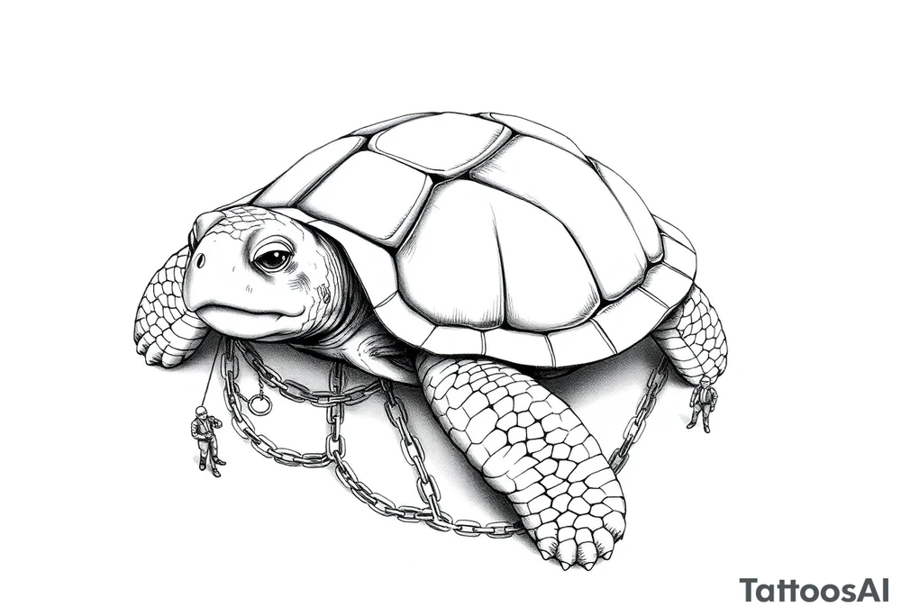 I giant turtle with chains around its legs with tiny men at the endss of it tattoo idea