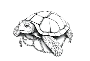 I giant turtle with chains around its legs with tiny men at the endss of it tattoo idea