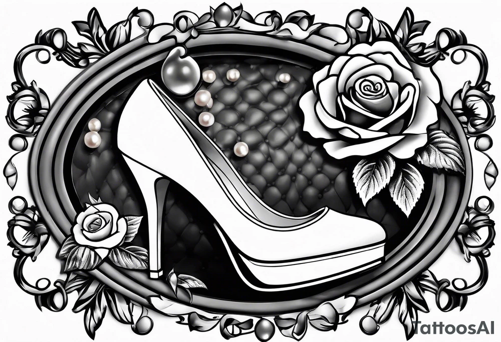 Pearl necklace wrapped around 1950s pinup pumps with roses surrounding tattoo idea