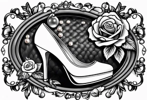 Pearl necklace wrapped around 1950s pinup pumps with roses surrounding tattoo idea