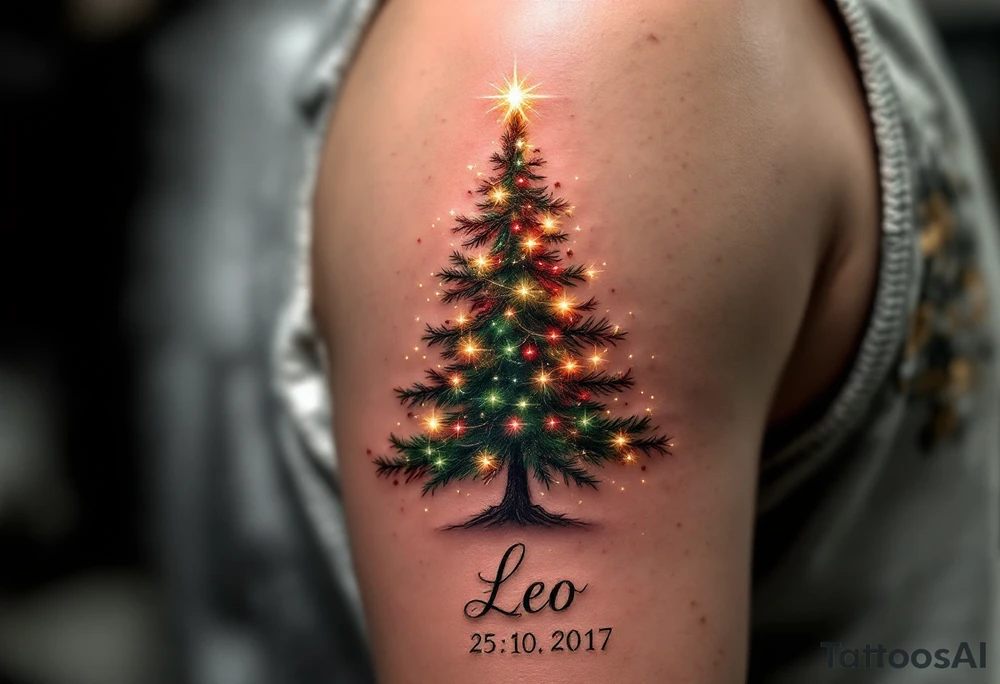 Leo 25. 10. 2017 – A red, green, and gold Christmas tree adorned with tiny sparkling lights, with Leo's birthdate below in elegant silver script. tattoo idea