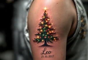 Leo 25. 10. 2017 – A red, green, and gold Christmas tree adorned with tiny sparkling lights, with Leo's birthdate below in elegant silver script. tattoo idea