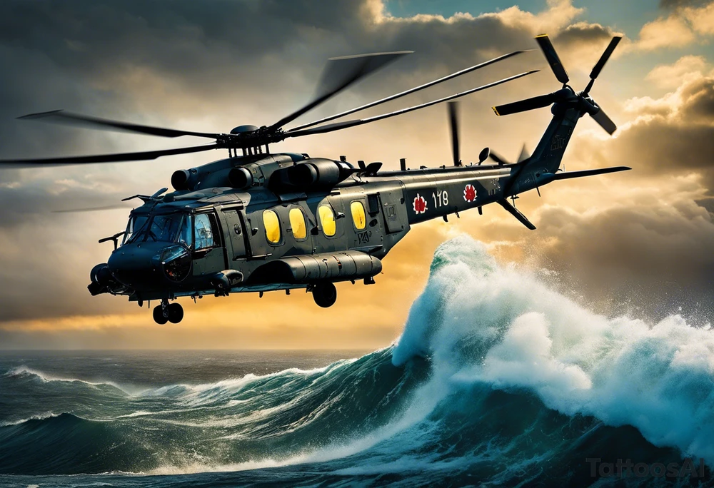 A cinematic-style tattoo depicting a Canadian military CH-148 Cyclone helicopter performing a daring maneuver over a turbulent ocean. The sky should be filled with dramatic clouds, and the sun should be setting, casting long shadows. The helicopter should be the main focus, with intricate details and a sense of motion. In the background, a poppy should be prominently displayed, and a quote from 'Lest We Forget' should be included, black and white tattoo idea