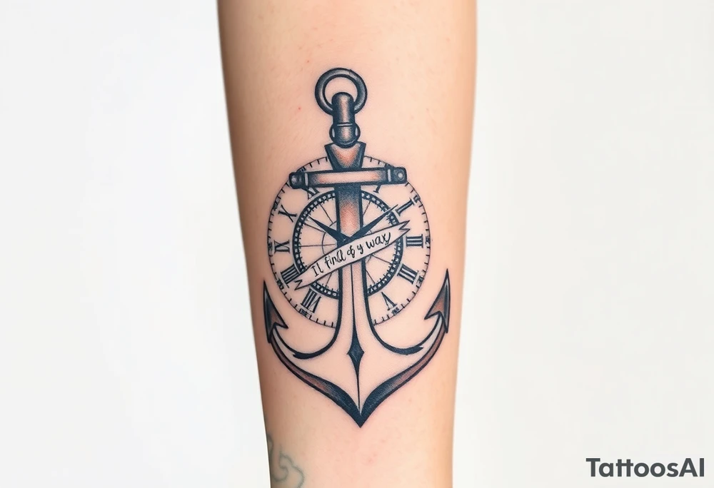 Inner forearm coverup.  Anchor leaned up against a broken clock that up against a compass with its gears around them a slash around the anchor that says i will find my way. tattoo idea