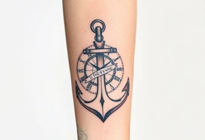 Inner forearm coverup.  Anchor leaned up against a broken clock that up against a compass with its gears around them a slash around the anchor that says i will find my way. tattoo idea