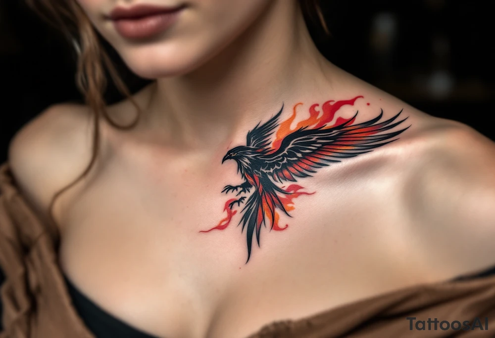 A stylized tattoo of Four’s tattooed chest with the bird motif, representing his Dauntless faction. Bold black lines and soft shades of red and orange in the background, symbolizing courage and fire. Black, red, orange, gray highlights. tattoo idea