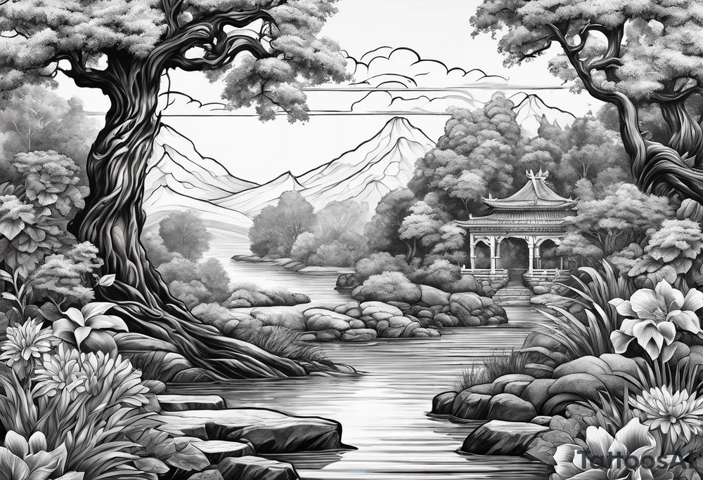 A mural with an water theme, a tree growing up out of the garden and a warrior defending tattoo idea