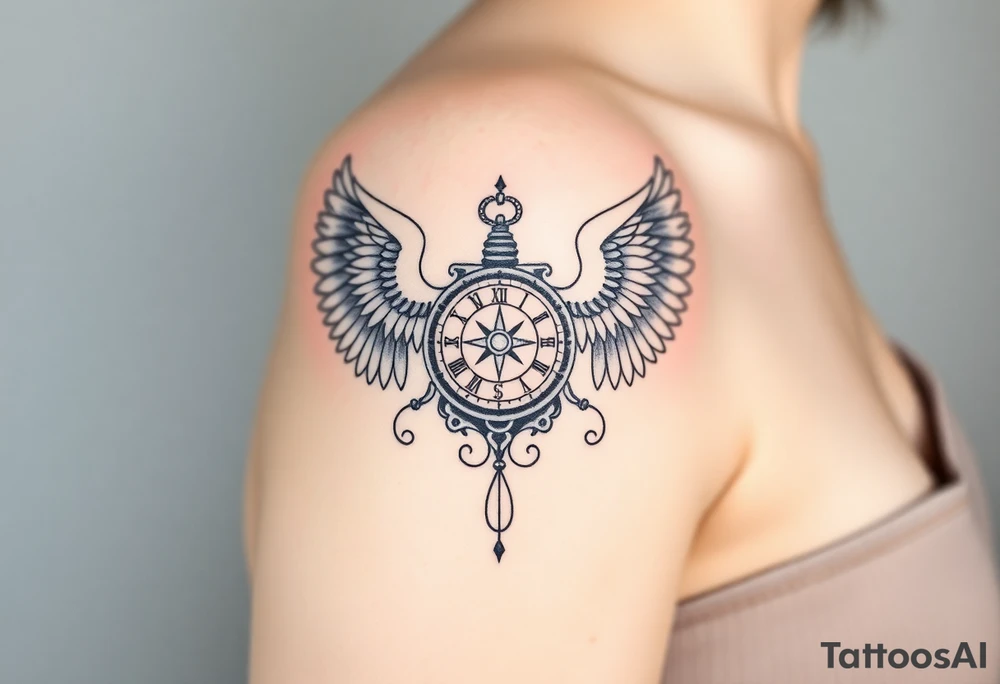 Slot machine with compass and clock with angel wings tattoo idea