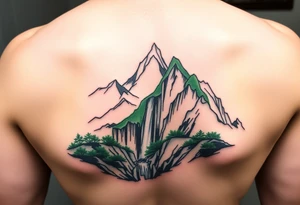 သား  surrounded by a colorful green mountainside with a waterfall tattoo idea