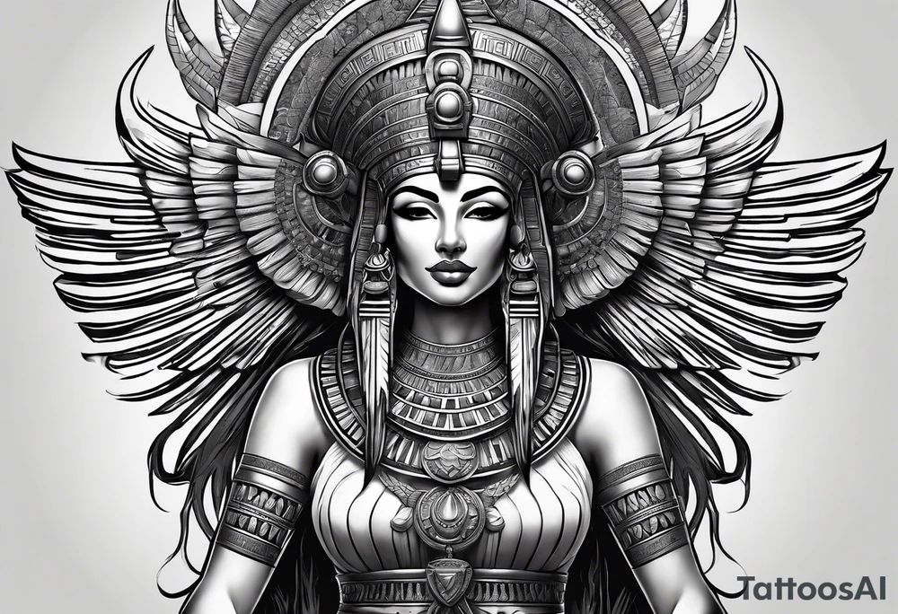 Powerful majestic full body from head to toe tattoo design of ancient Egyptian goddess sehkmet tattoo idea