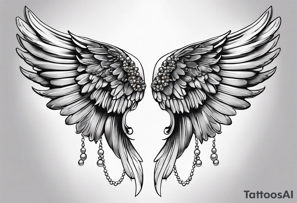 realistic delicate angel wings with pearls tattoo idea