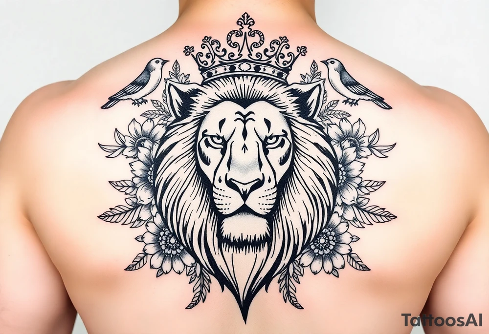 powerful majestic lion with a crown, surrounded by floral ornaments and birds tattoo idea