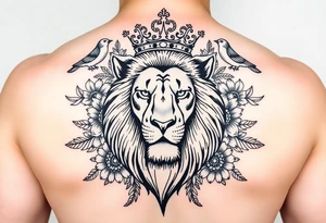 powerful majestic lion with a crown, surrounded by floral ornaments and birds tattoo idea