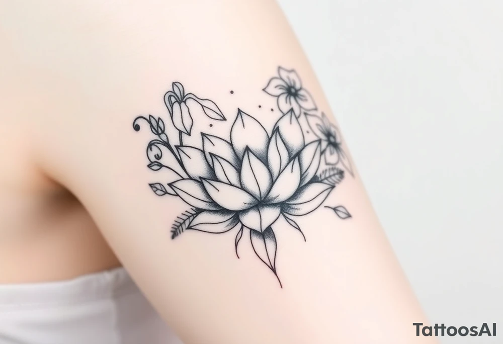 Geometric lotus surrounded by Lilly of the valley on left side iris above and morning glory flowers to the right. tattoo idea