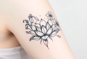 Geometric lotus surrounded by Lilly of the valley on left side iris above and morning glory flowers to the right. tattoo idea