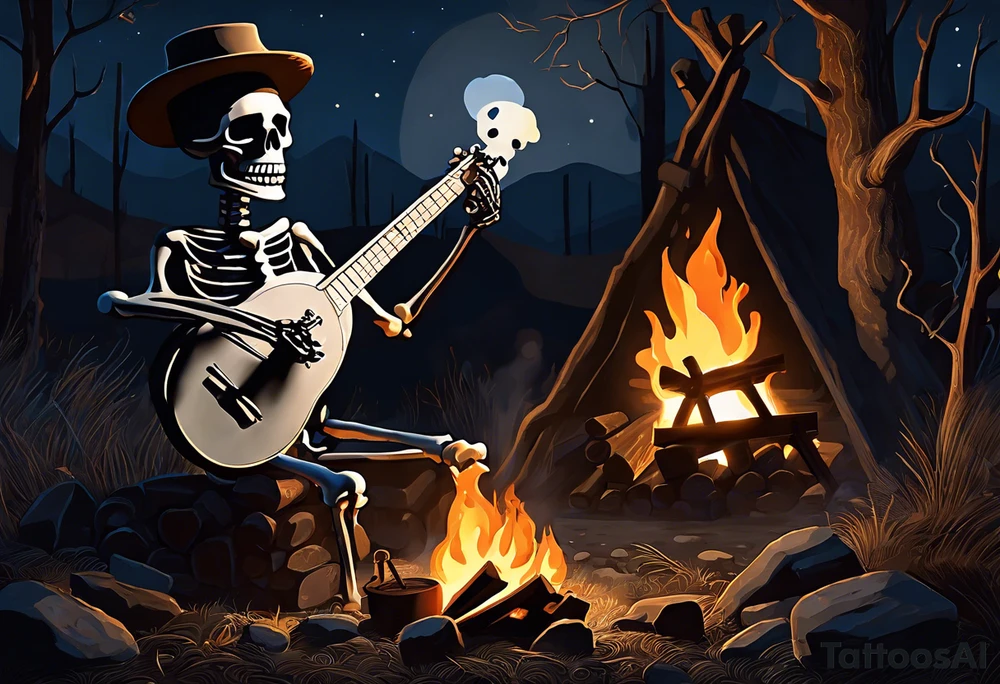 Foreground: The skeleton in a coal miner's hat, animatedly playing the banjo. The light from the campfire illuminates the skeleton and the nearby surroundings, casting intricate shadows.
Midground: The glowing campfire, with flames realistically designed in black and grey shades to emphasize movement and light.
Background: Subtle outlines and shading of rhododendron plants, giving a natural and dense feel to the woods. These can be stylized to blend seamlessly with the style of the tattoo.
Sky: A night sky speckled with stars, adding depth and a sense of time to the scene, with the stars providing a contrast against the dark sky. tattoo idea