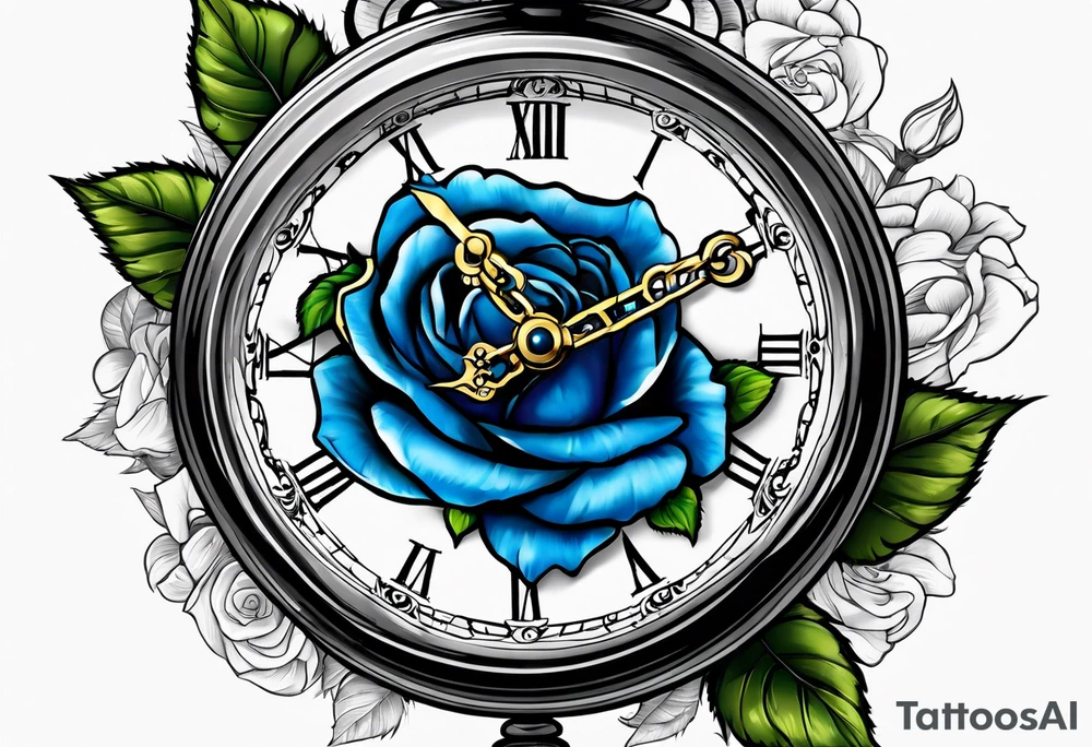 Pocket watch with blue roses tattoo idea