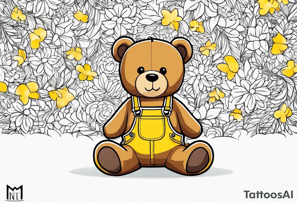 the back of a standing, skinny, brown ,
teddy bear in long, yellow overalls tattoo idea