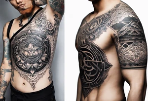 Fine line tattoo on the rib cage (right side). Contains the heaven seal and sharigan fron Naruto, archer’s symbole from fate stay night, trafalgar law heart from one piece tattoo idea